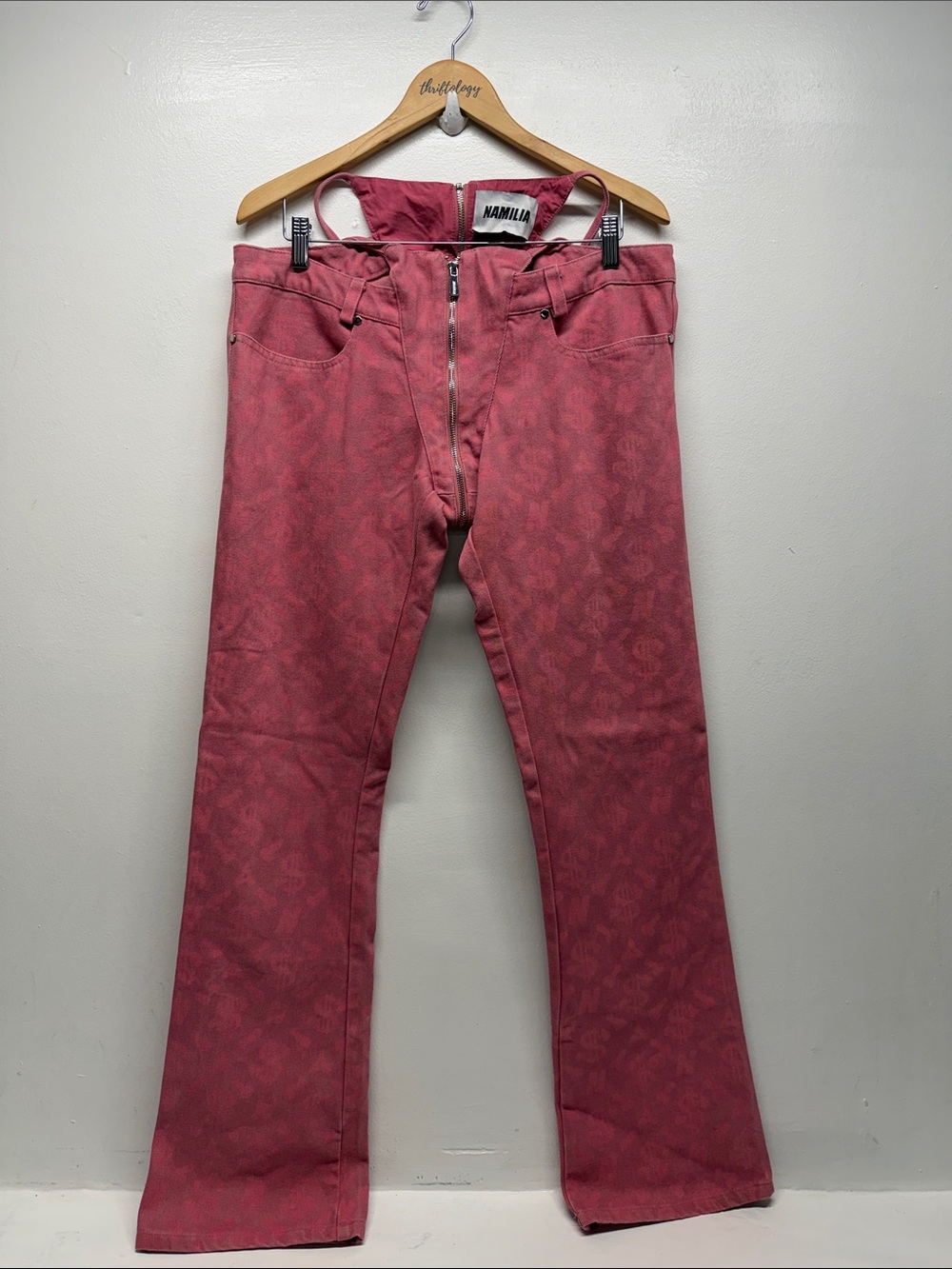 Namilia Monogram Denim Thong Pants 100% Cotton Flare Slim Low Rise Pink Large